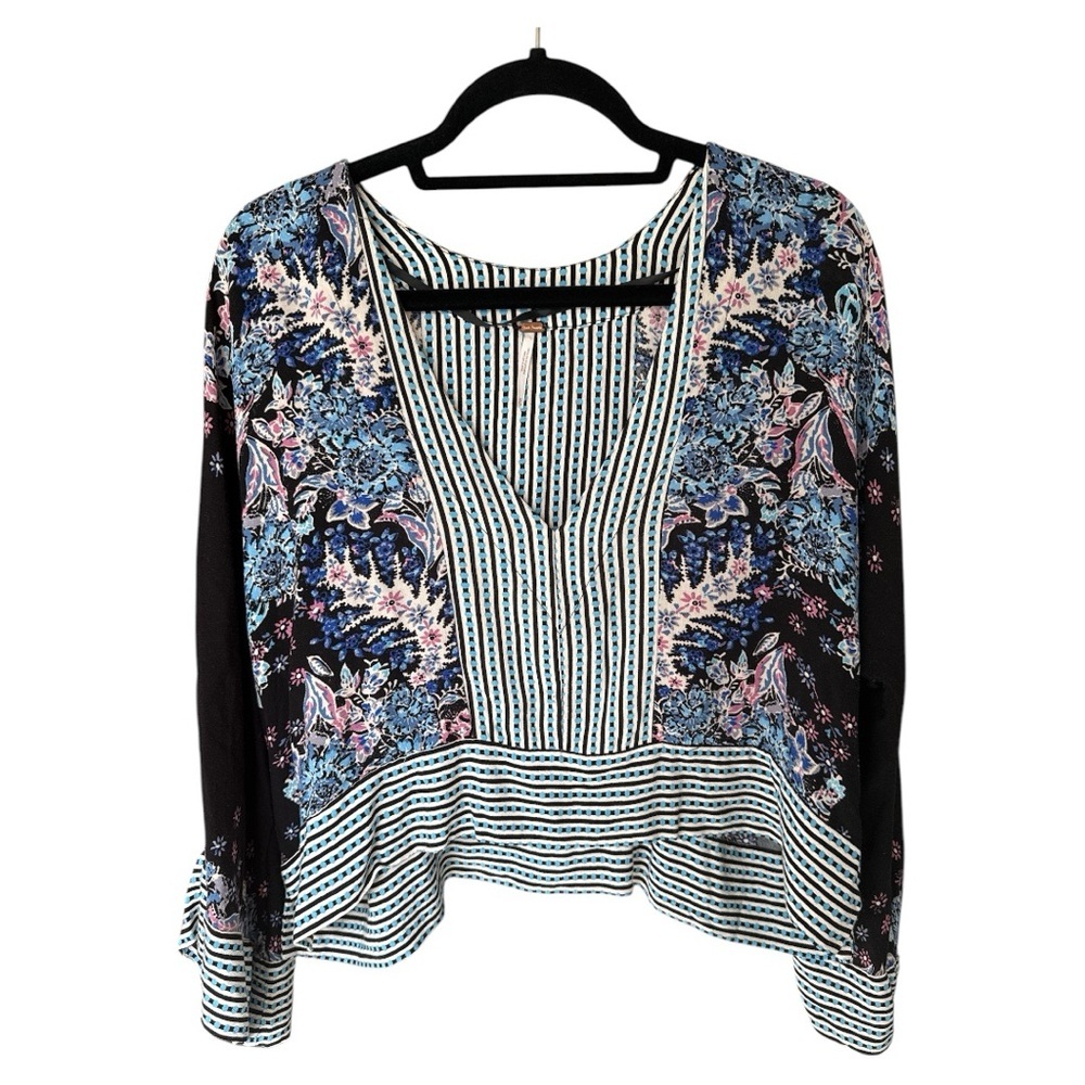 Free People Mix & Match Cropped Oversize Blouse XS Blue Prints - Picture 4 of 8